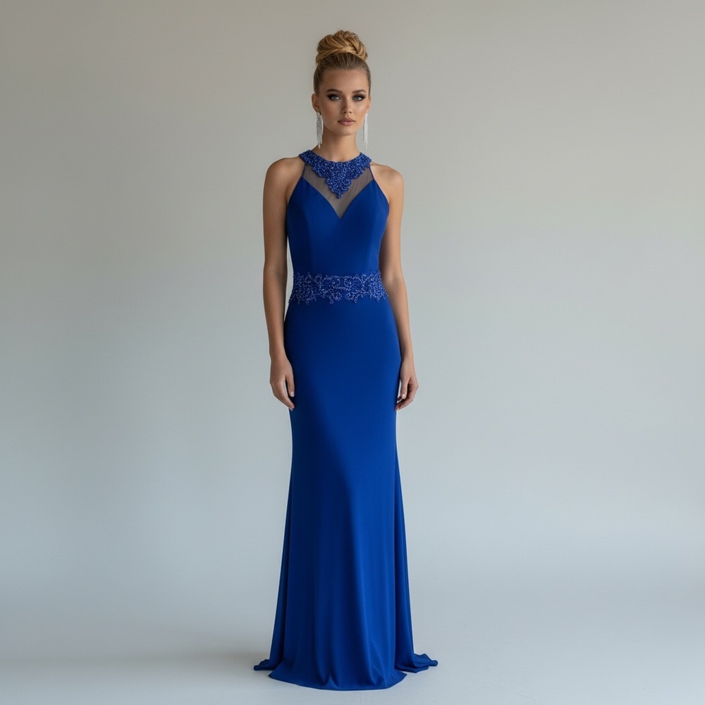 Royal Blue Nude Sheer Mesh Appliqué Sleeveless Mermaid Sheath Prom Dress